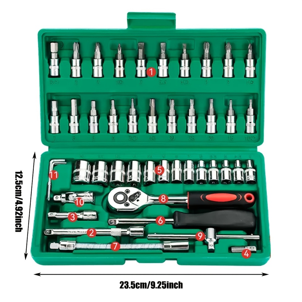  46Pcs 1/4" Drive Metric Socket Ratchet Wrench Kit Hex Bit Sockets Hand Repair Tools For Car Bike Home Maintenance