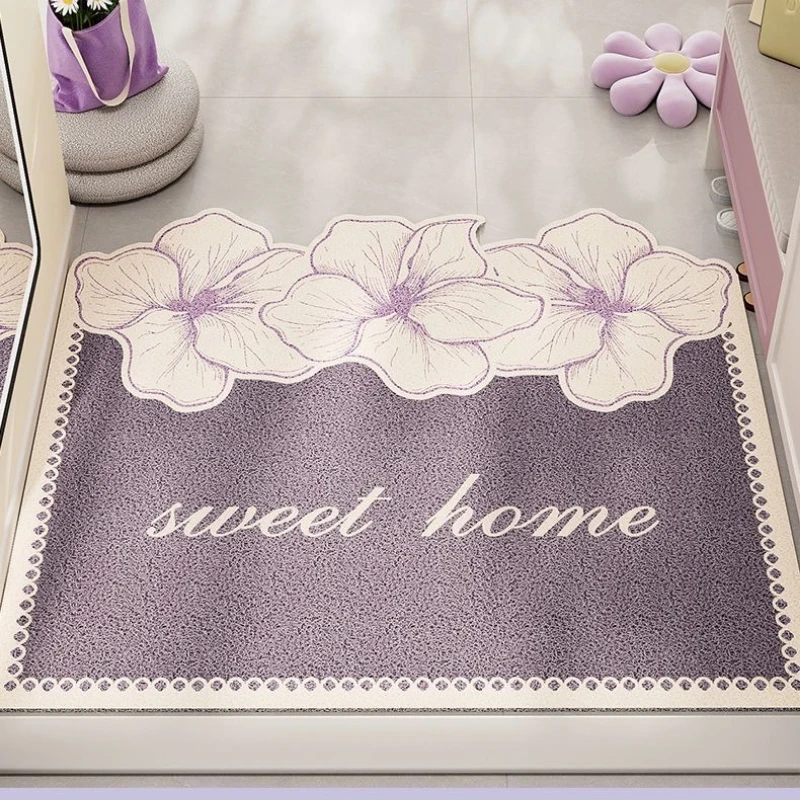 Indoor Door Mat with Circular Weave Entryway Floor Mat Washable Home Carpet Outdoor Foyer Foot Pad Purple Flower Pattern Rug