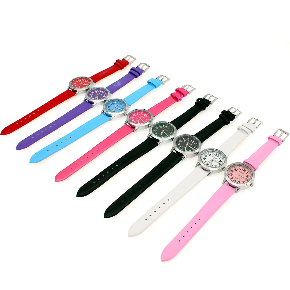 Fashionable Kids Quartz Watch Leather Strap Silver Case Easy Read 28MM Children's Watch for Boys And Girls Gift