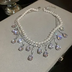 Luxury Rhinestone Crystal Chokers Necklaces For Women Multilayer Imitation Pearl Chain Necklace For Party Wedding Jewelry K