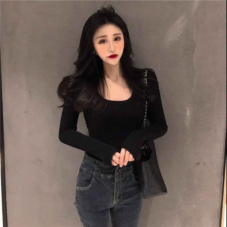 قميص نسائي بياقة منخفضة وأكمام طويلة، تصميم ربيعي جديد، قميص ضيق بياقة دائرية كبيرة، تي شيرت كوري الطراز للعمل #4