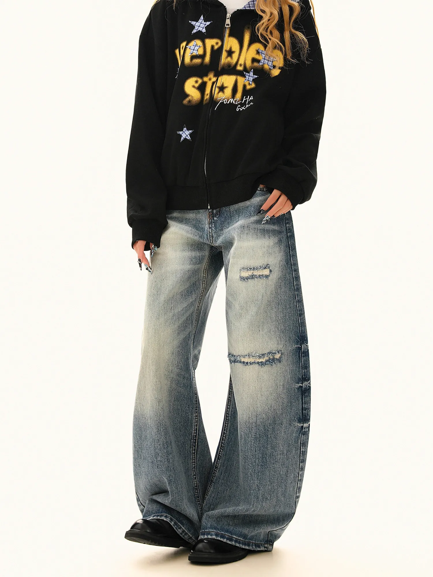 

Retro American High Street Washed Distressed Wave Pattern Jeans Loose Straight Leg Wide Leg Floor-Length Men's Jeans
