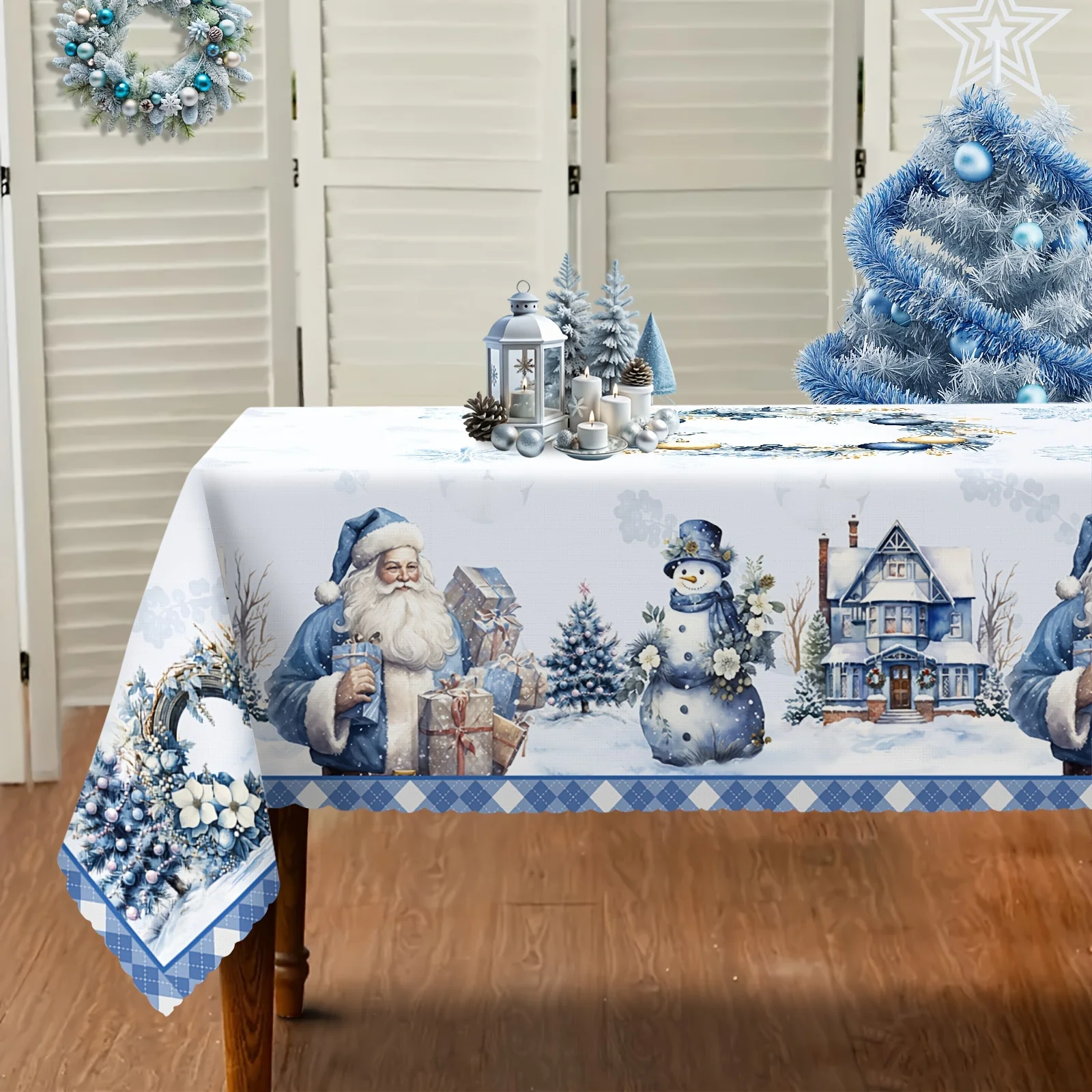 1 piece, vintage blue Christmas tablecloth, with a farmhouse-style Santa Claus snowman wreath design, as a Christmas giftzyc