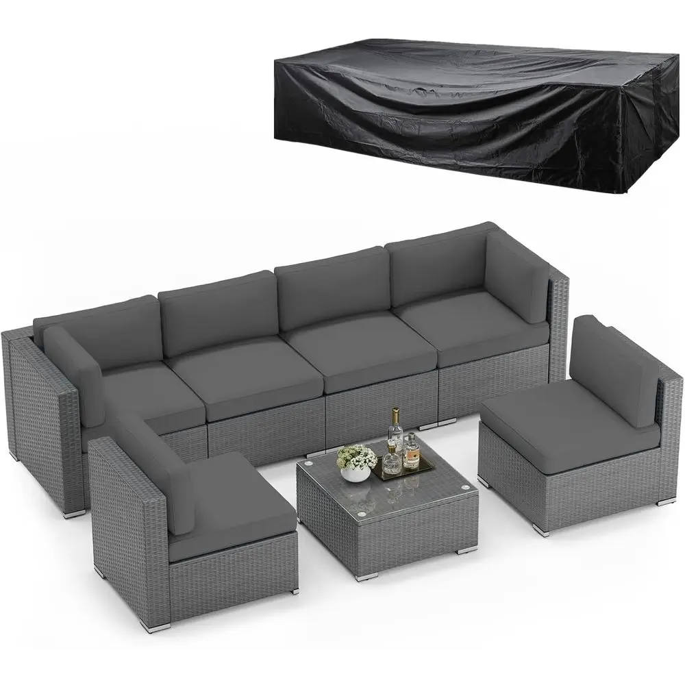 

7-Piece Grey Wicker Outdoor Sectional Sofa Set with Cushions, Coffee Table, and Waterproof Cover
