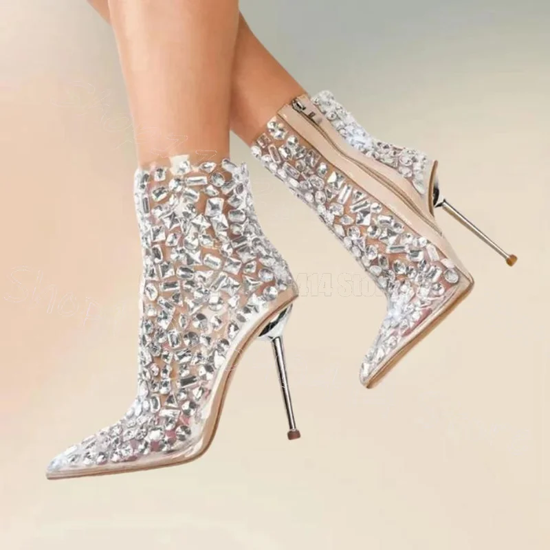 

Crystal Design PVC Pointed Toe Metal Heel Boots Side Zipper Women Shoes Thin High Heels Party Banquet 2025 Zapatos Para Mujere