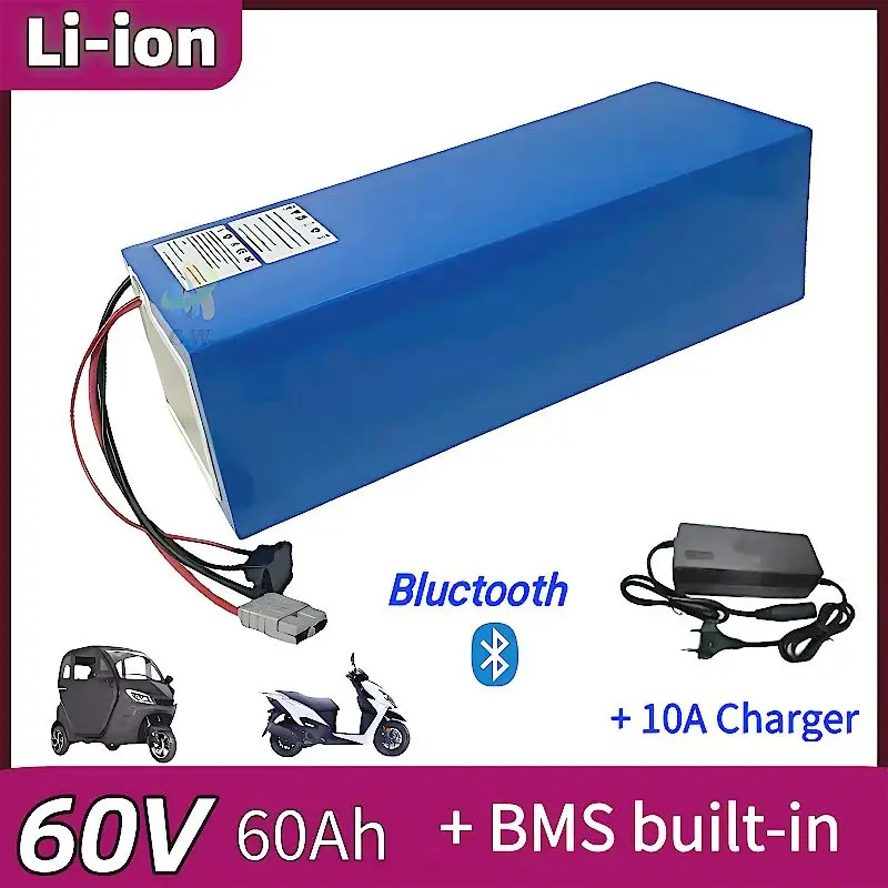 

60V,60Ah, BMS 16s Bateria de íon de lítio SKone para moto scooter triciclo, substituição acidificada ao chumbo, 10A carregador,