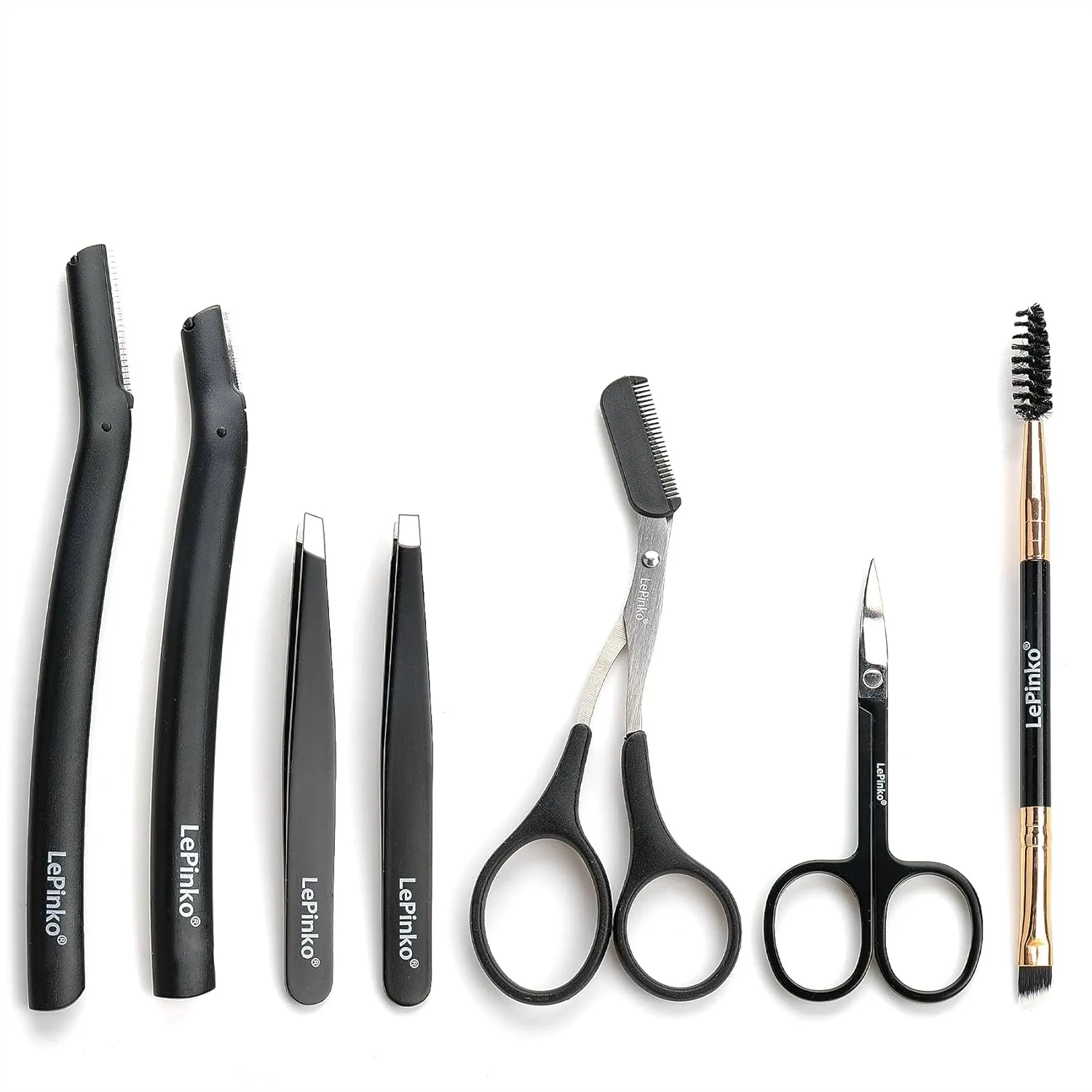 Eyebrow Trimmer Kit, 7 in 1 Eyebrow Scissors, Tweezers, Razor & Brush for Women Men - Black