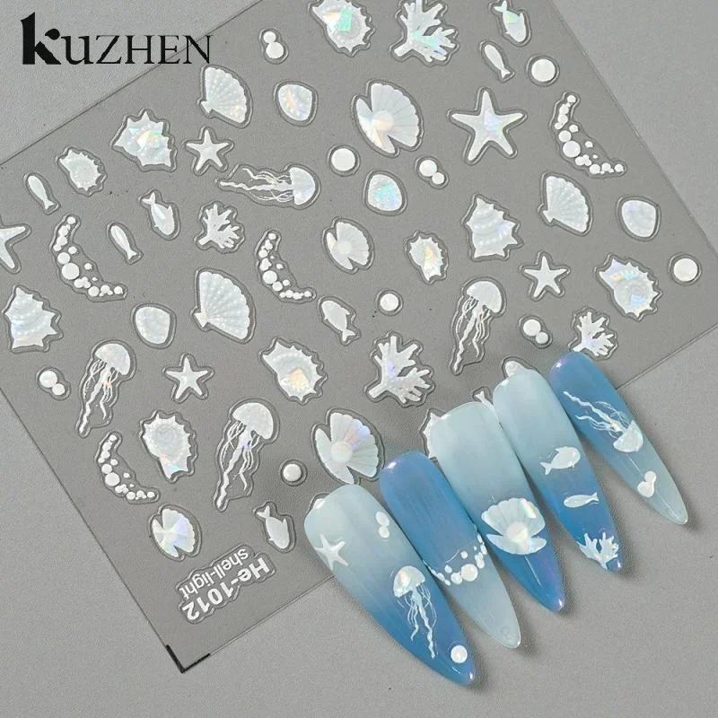 

5D Summer Seashell Nail Sticker Shiny Embossed Starfish Nail Stickers Summer Beach Fishtail Jellyfish Nail Decals Decoration DIY