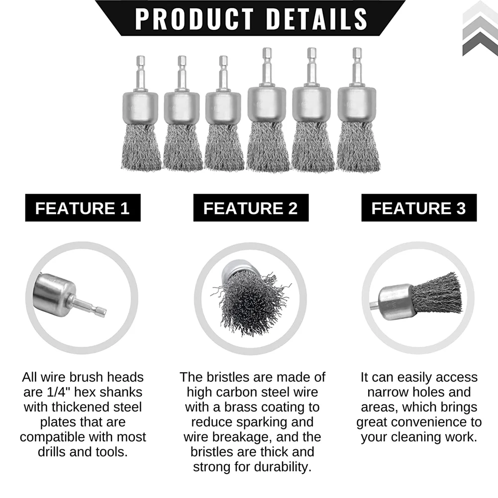 6 Pack Wire Brush Wheel for Drill 1-Inch Crimped End Wire Brushes 1/4Inch Hex for Paint- and Small Spaces