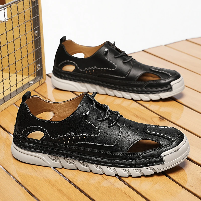 

Мужские туфли 2026: Новинка лета, дышащие, тонкие, без шнурков, повседневные кожаные туфли, мужские сандалии для вождения с мягкой подошвой