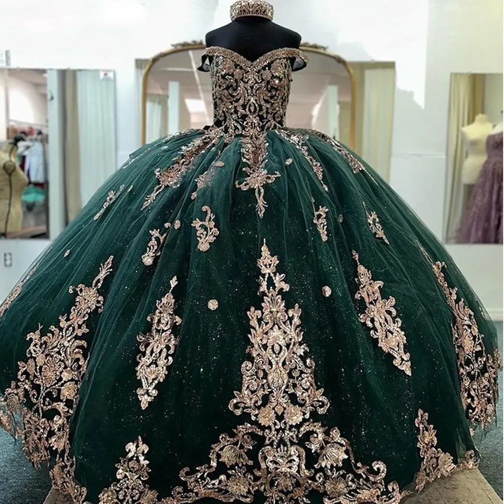 Emerald Green Ball Dresses Sequined Appliques Sweet 15 Vestido De Quinceanera Plus Size Girls Birthday Party Gown With Bow Tie