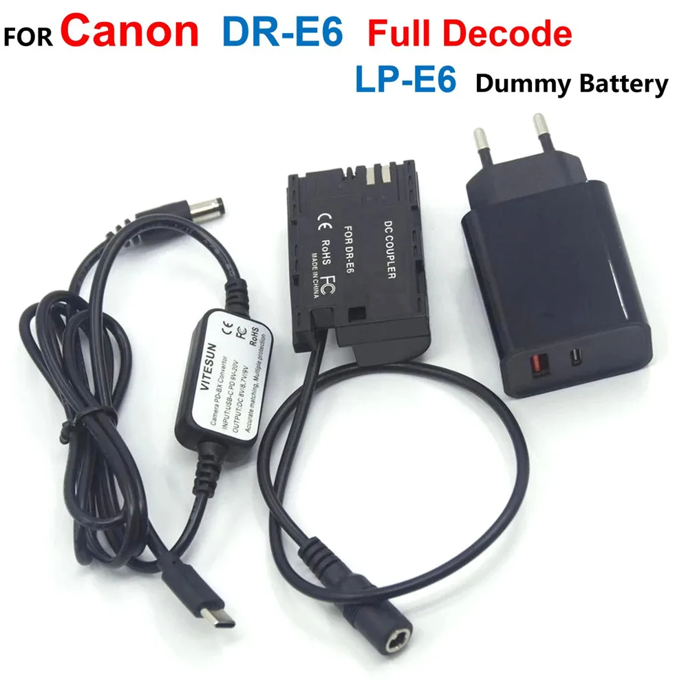 

DR-E6 LP-E6 Full Decode Dummy Battery+USB Type-C Cable+Charger For Canon EOS 60Da 70D 80D 5DS R 5D Mark IV III 5D4 5D3 5D2