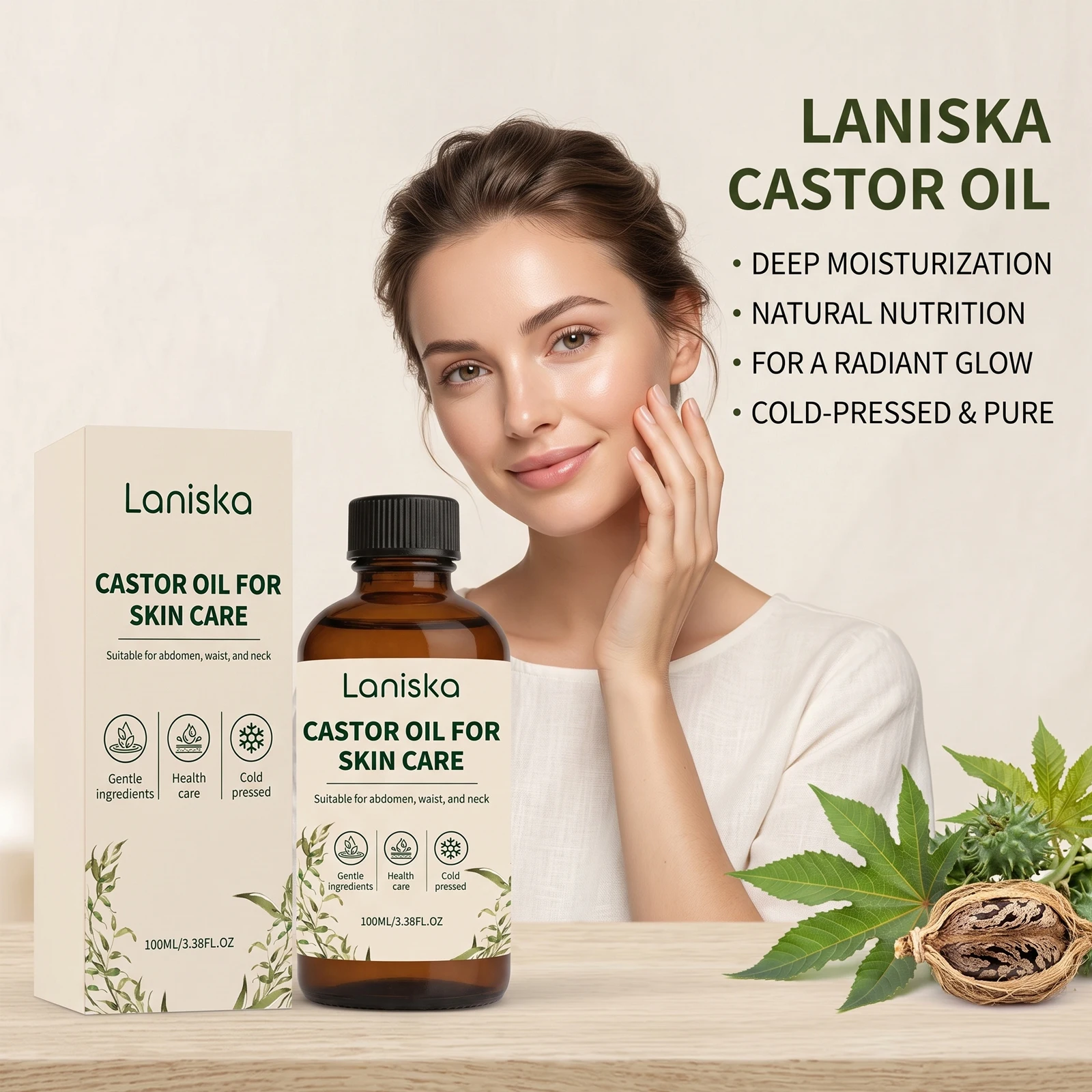 Cold Pressed Castor Oil for Abdomen Waist Neck Improve Loose Dry Skin Elasticity Lifting Hydrating Massage Body Care Oil 100ml