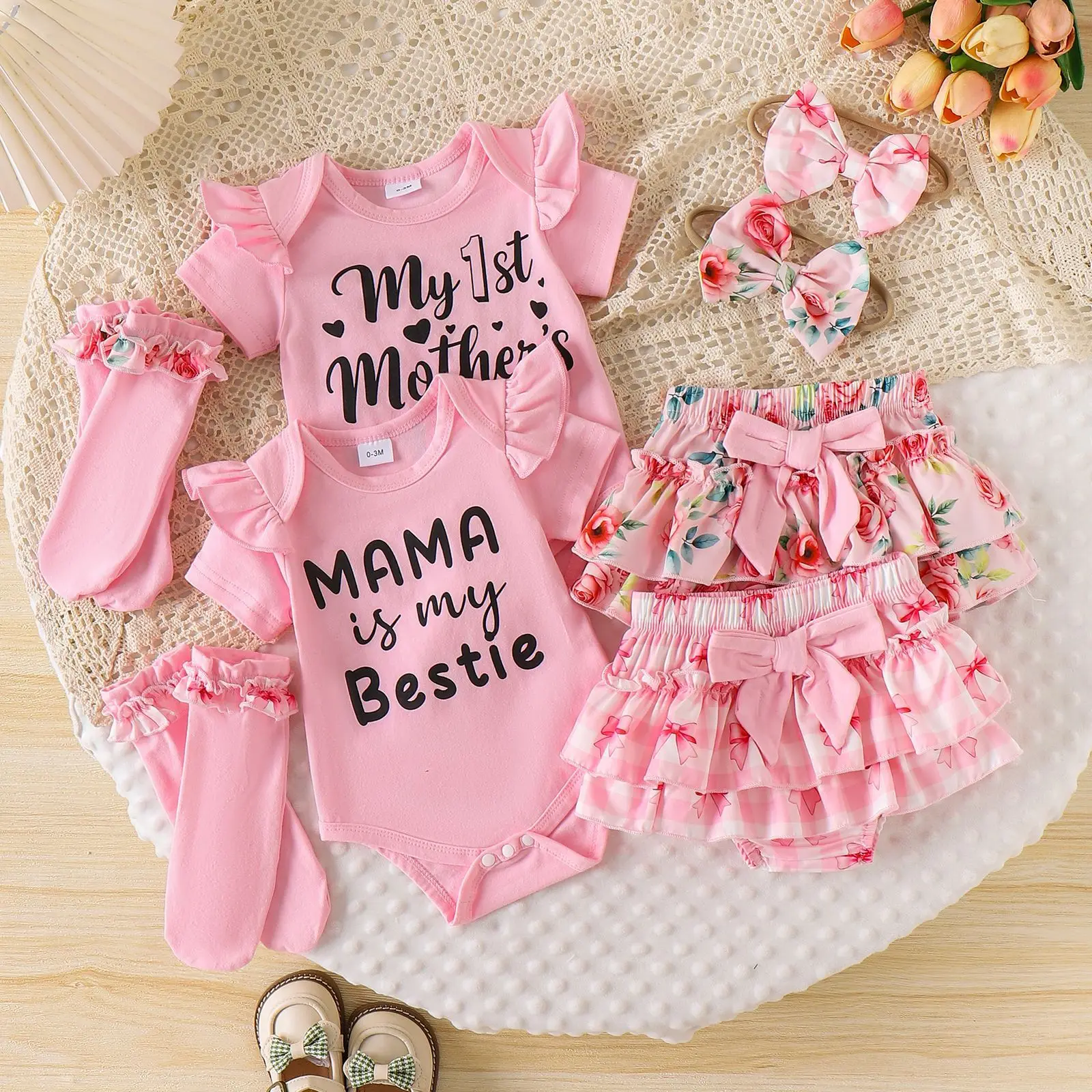 

3Pcs Set 0-18M Newborn Baby Girl Clothes Cute Summer Short Sleeve Letter Print Romper + Bowknot Skirt + Headband Toddler Outfit