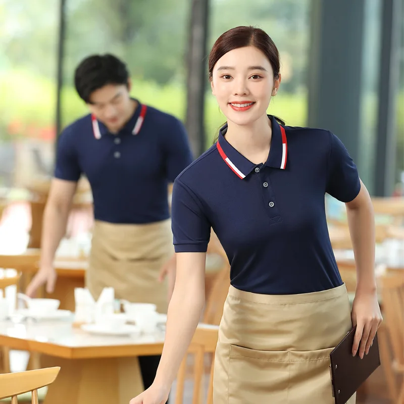 

Waiter Workwear Short-Sleeved T-shirt Women's Restaurant Hot Pot Restaurant Barbecue Milk Tea Shop Clothing Print and Embroidery