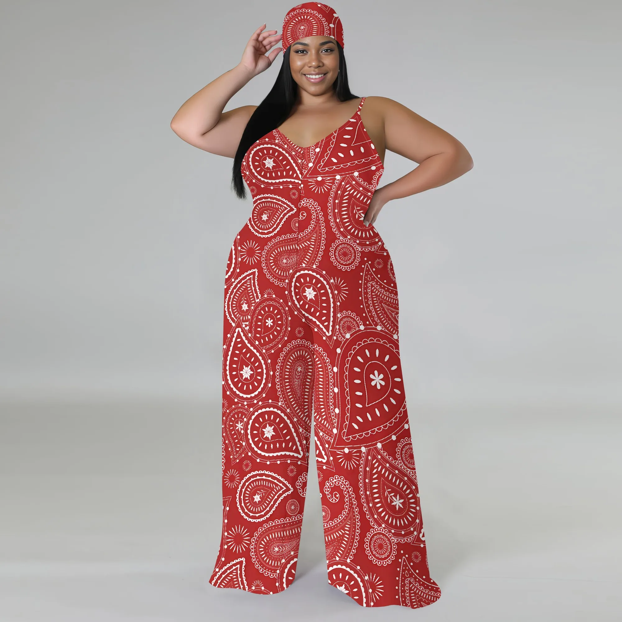 Sleeveless V Neck Spaghetti Camisole Top Wide Leg Pants Pants Jumpsuit With Headscarf XL-6XL