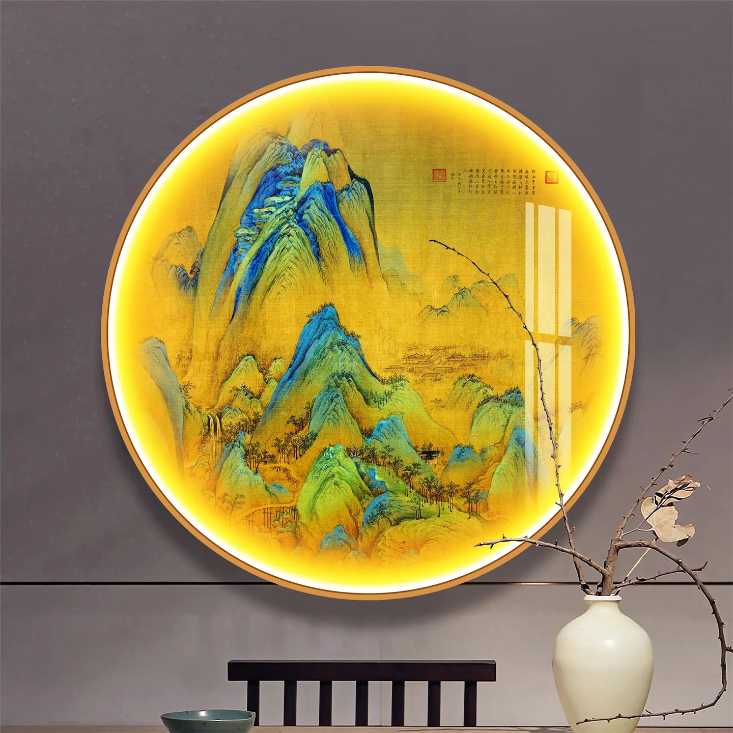 Thousands of miles of rivers and mountains enter the house directly opposite the entrance, living room decoration painting light