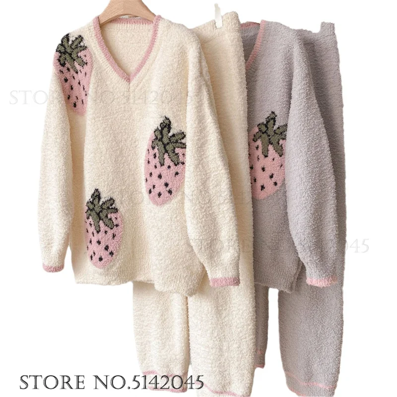 Autumn Winter Women\'s Pajamas Set Thicken Half Flannel 2Pcs Sleep Trouser Suits Loungewear Sweet Strawberry Fleece Home Clothing