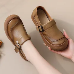 New Women's Soft Moccasins Slip-On Lazy Shoes Designer 2025 Autumn Female Round Real Leather Flats Luxury Buckle Footwear