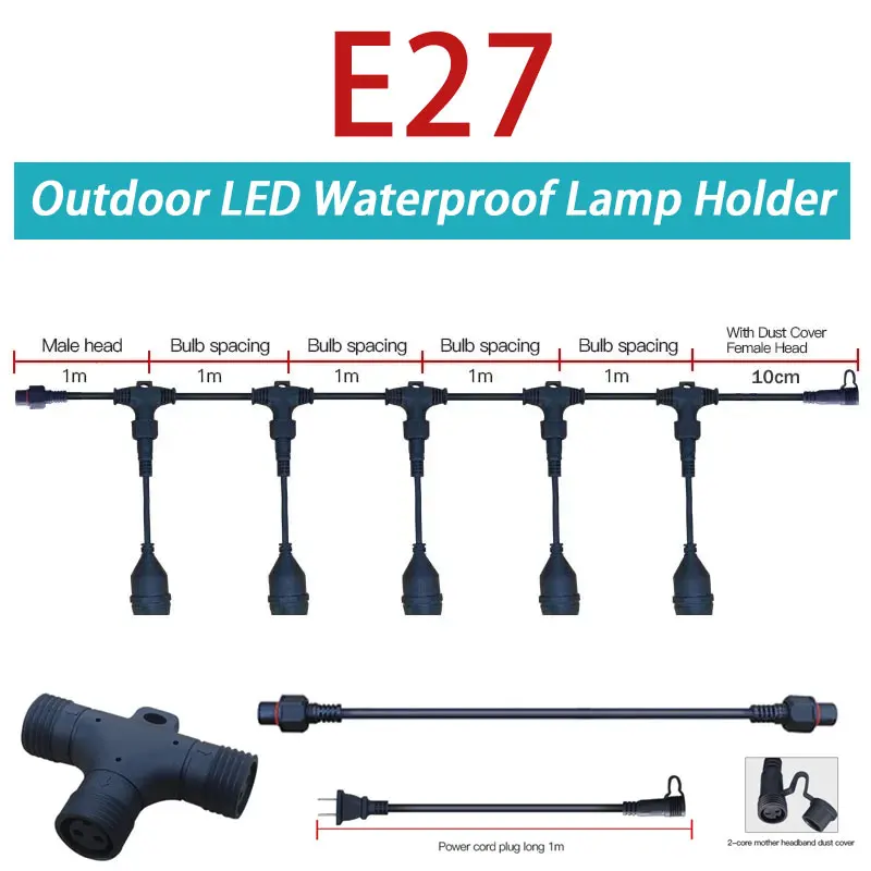 E27 Split String Light LED Lamp Holder Sealed With Wire Screw Lamp Holder Farm Courtyard Garden Wedding Party Outdoor Waterproof