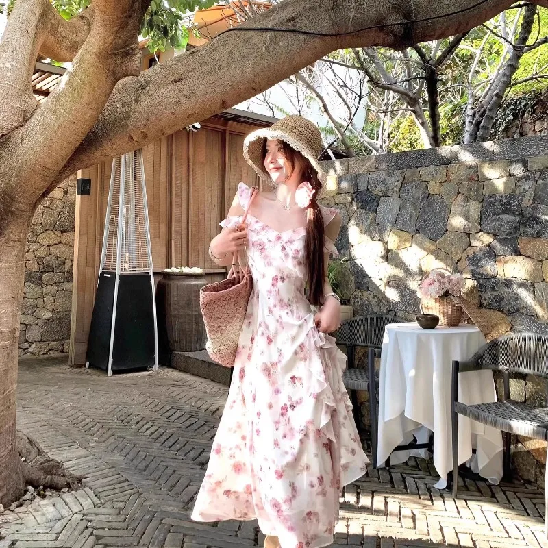 Korean Fashion Women's Irregular Off Shoulder Flower Fairy Dress 2026 Summer New Pink Strap Maxi Dresses for Women