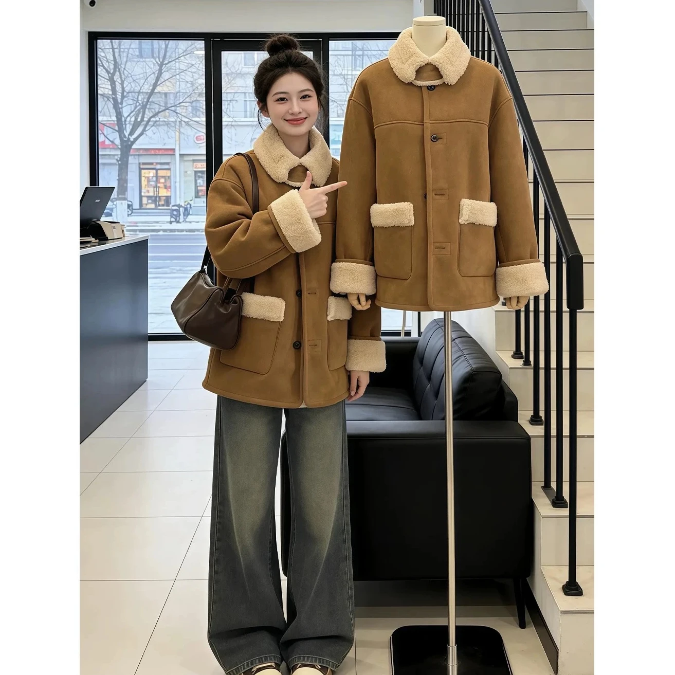 

Double-Sided Wear Thiened Fce Outerwear Vintage Brown Loose Warm Korean Sle Women's Winter Coat Polyester Fiber Long S...