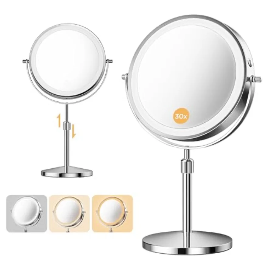 

8inch Lighted Makeup Mirror with 1X 30X Double Sided Magnification Rechargeable 3200 mAh Battery Adjustable Brightness 3 Color