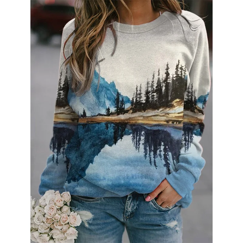 Autumn Ink Landscape Painting Hoodies 3D Print Sweatshirts Woman Long Sleeve Y2k Hoodie Streetwear Pullovers Tops Women Clothes