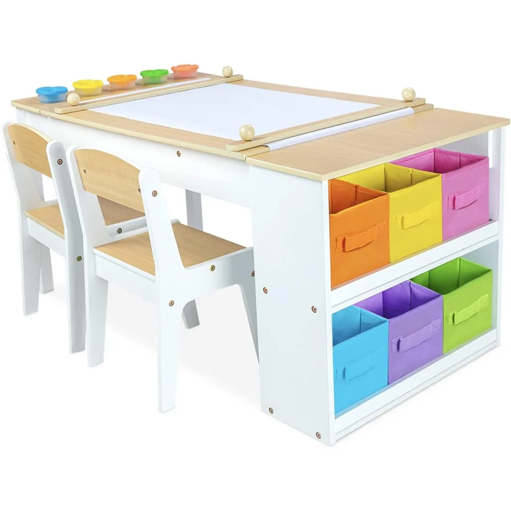 Children's Art Table with Playroom Chairs, Toddler Crafts and Play Wood Activity Table with Storage Bins and Paper Rolls