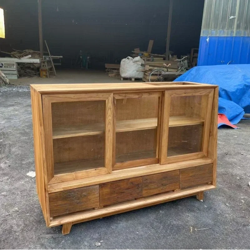 wabi-sabi wind old elm dining side cabinet, solid wood living room against the wall tea cabinet, bed and breakfast glass storage