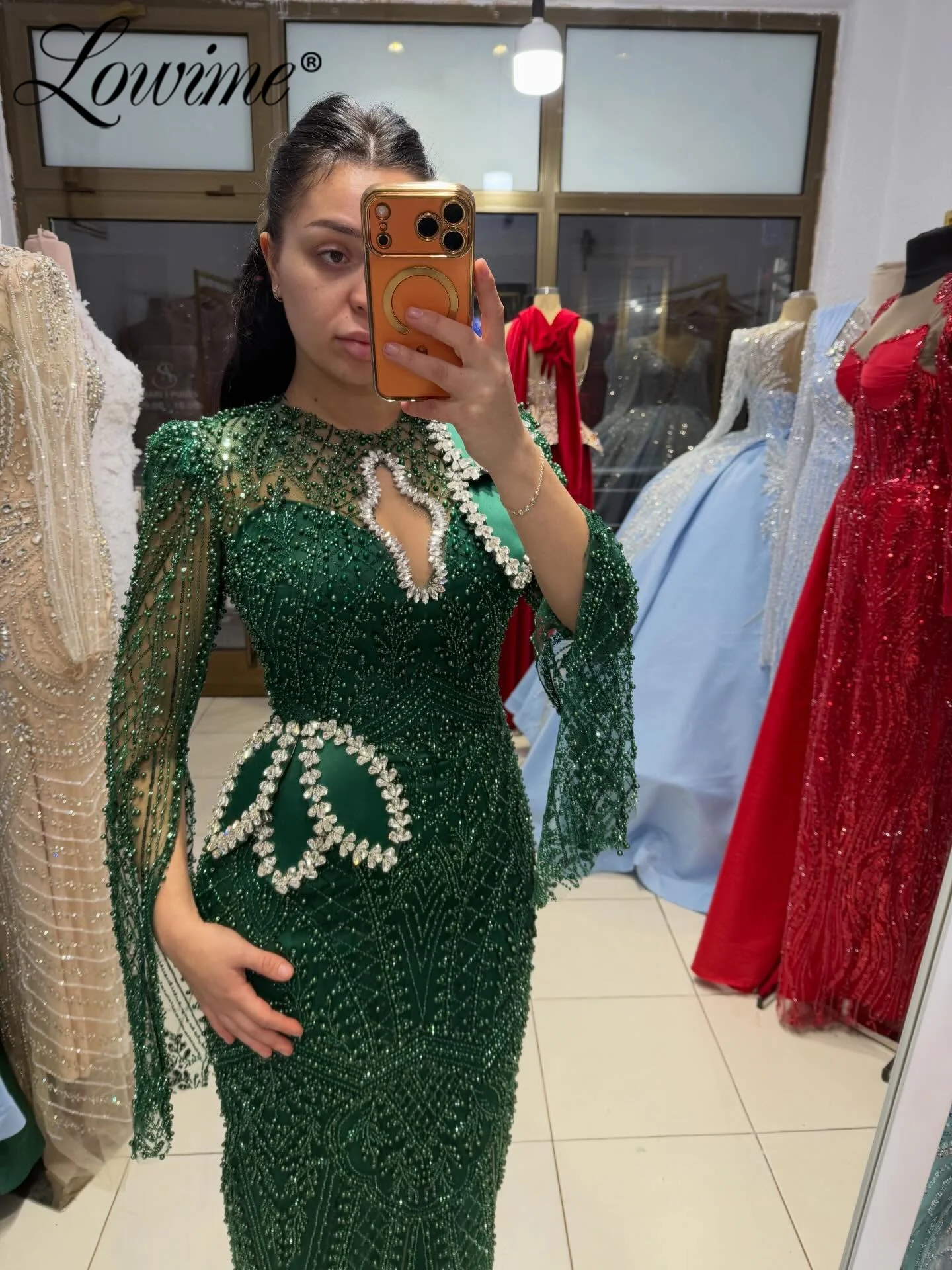 

Элегантное зеленое вечернее платье с бисером, длинными рукавами, кристаллами и цветочным узором, фасон «русалка», для выпускного вечера, свадебное, арабское, на заказ