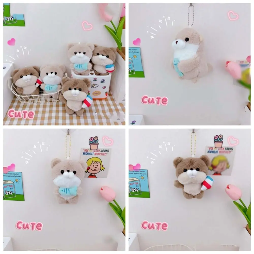 Cute Wishing Doll Otter Hold Fish Key Chain Korean Style Plush Backpack Charms Cartoon Trinket Anime Key Ring Children