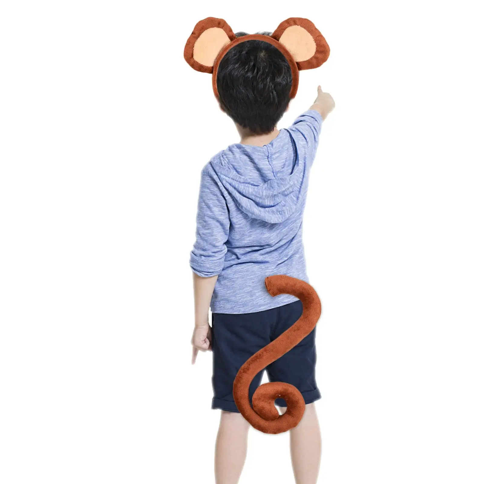 2x Monkey Ears and Tail Set Cute Monkey Hair Hoop Headwear Long Tail for Holiday Role Play Animals Themed Parties Decoration