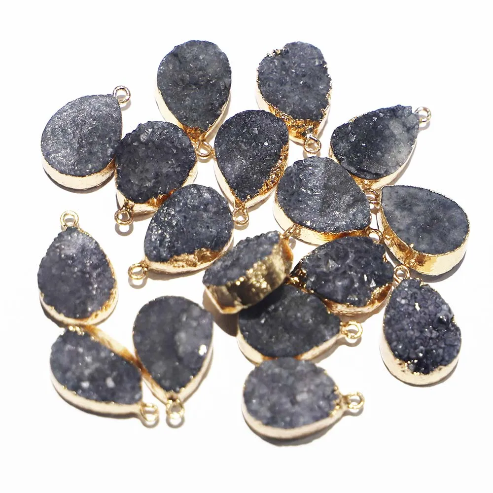 Natural Stone Druzy Black Crystal Druse Tooth Agates Necklace Pendants Water Drop Gilded Edge Jewelry Accessories Wholesale 8Pcs