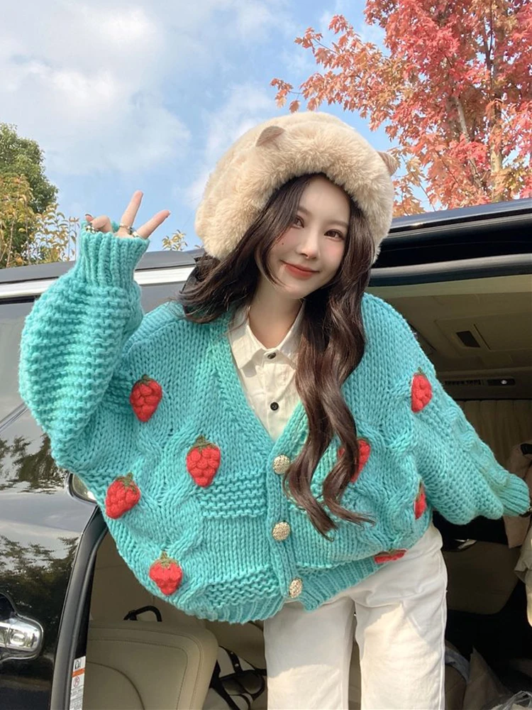 Zoki 3D Strawberry Sweet Cardigan Women Loose Long Sleeve Fashion Knitted Sweaters Korean Lazy Wind Casual Female Soft Cardigans