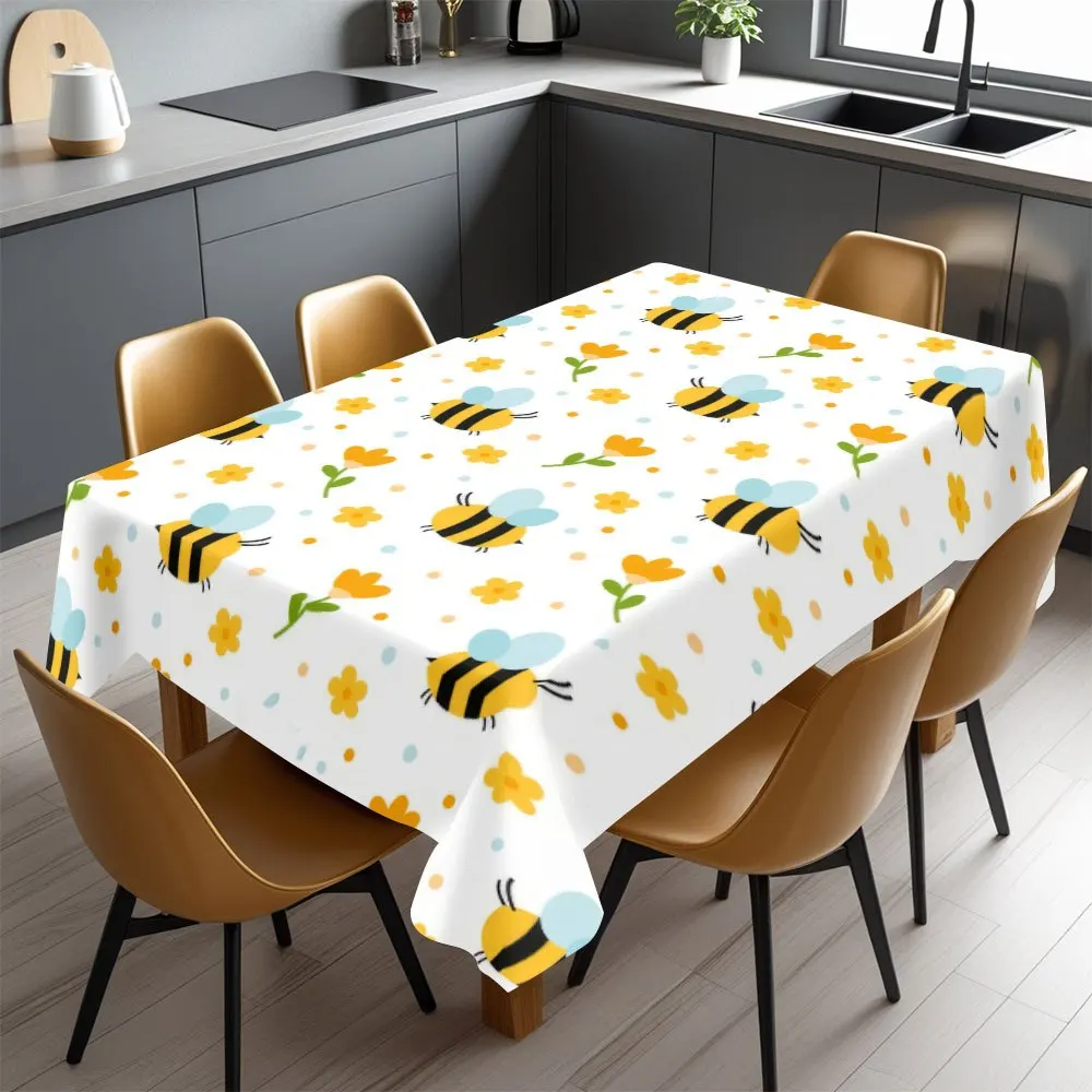 Bumblebee Tablecloth, Bee and Tiny Flower Print Cover, Anti-stain Table Cloth, Decor for Dining & Bee Theme Birthday Party Table