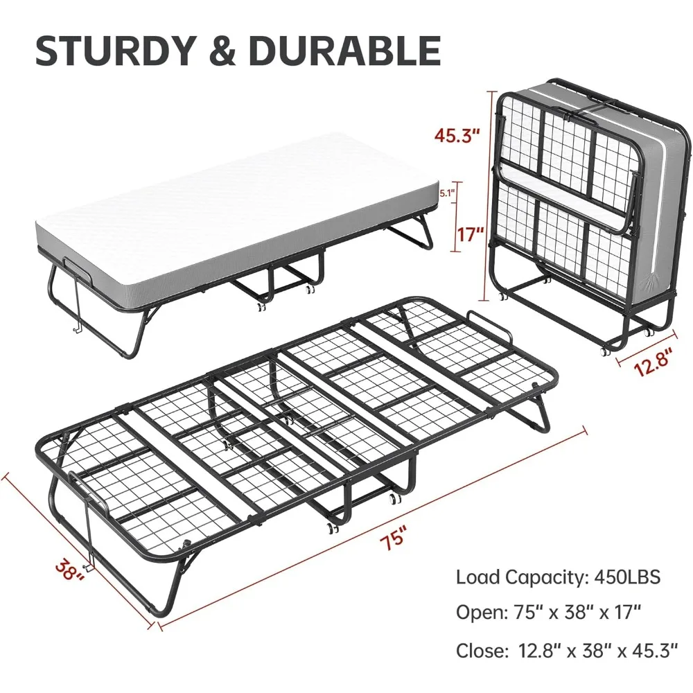Lit pliant avec matelas, lits jumeaux pliables, lits roulants pour adultes, 75" x 38" portable