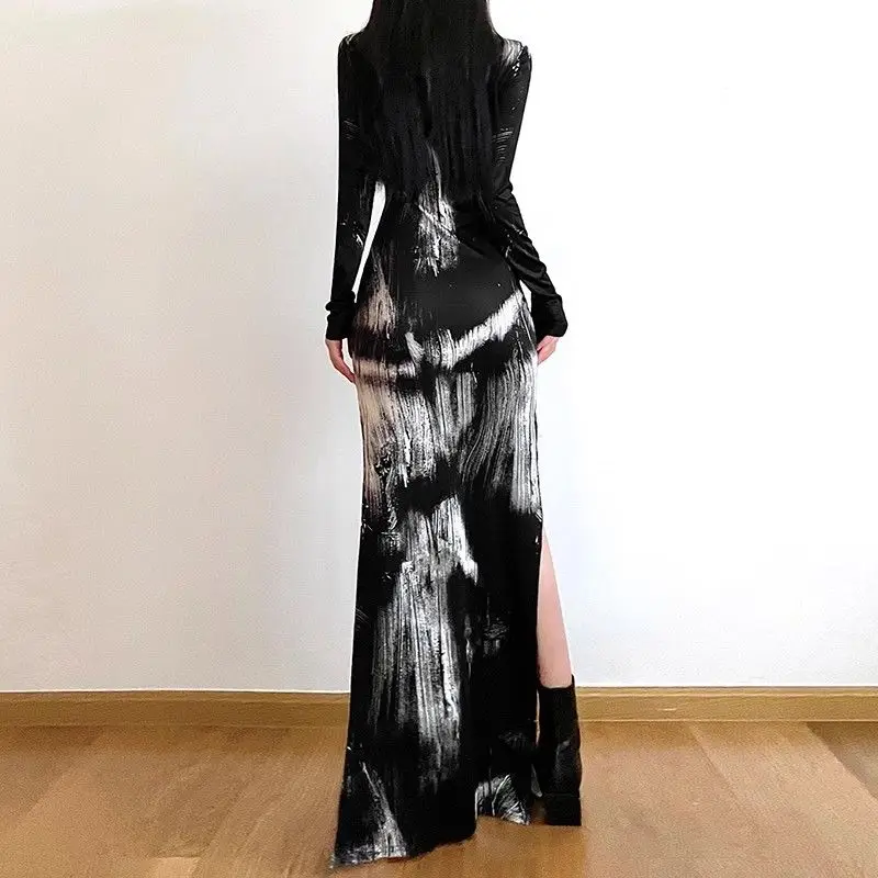 Antique Style Ink Splatter Artistic Sense Tie Dye Color Blocked Hollow V-neck Long Skirt Autumn New Slim Fit Slit Dress