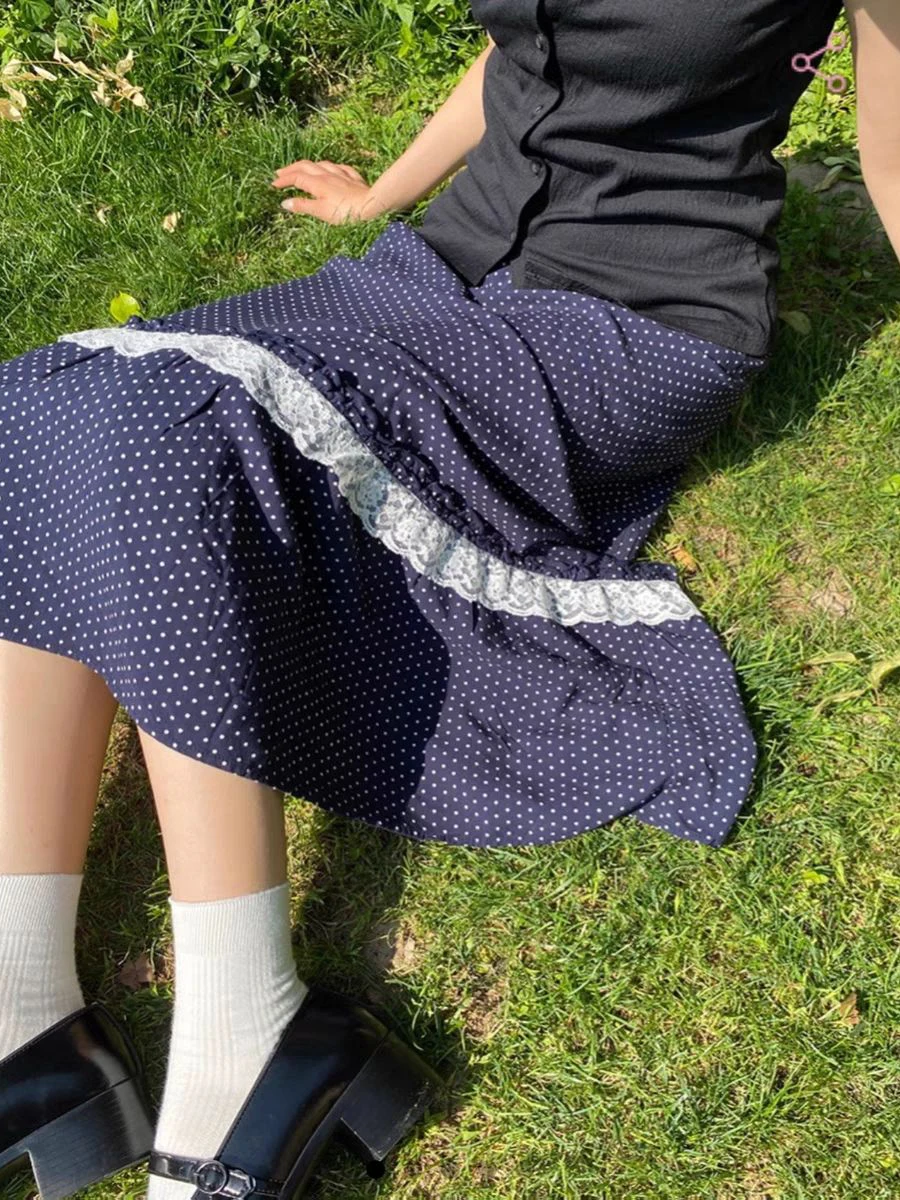 

﻿Lace Patchwork Polka Dot Skirt Woman Summer Elastic High Waist Cotton A-line Faldas Sweet Preppy Style Cute Long Skirts New﻿