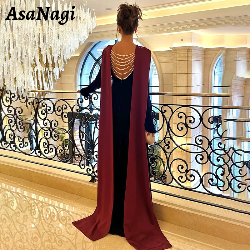 

AsaNagi Velvet Mermaid Prom Dress Women's O Neck Long Sleeve Pearl Party Evening Gown Floor Length Saudi Special Occasion Gowns