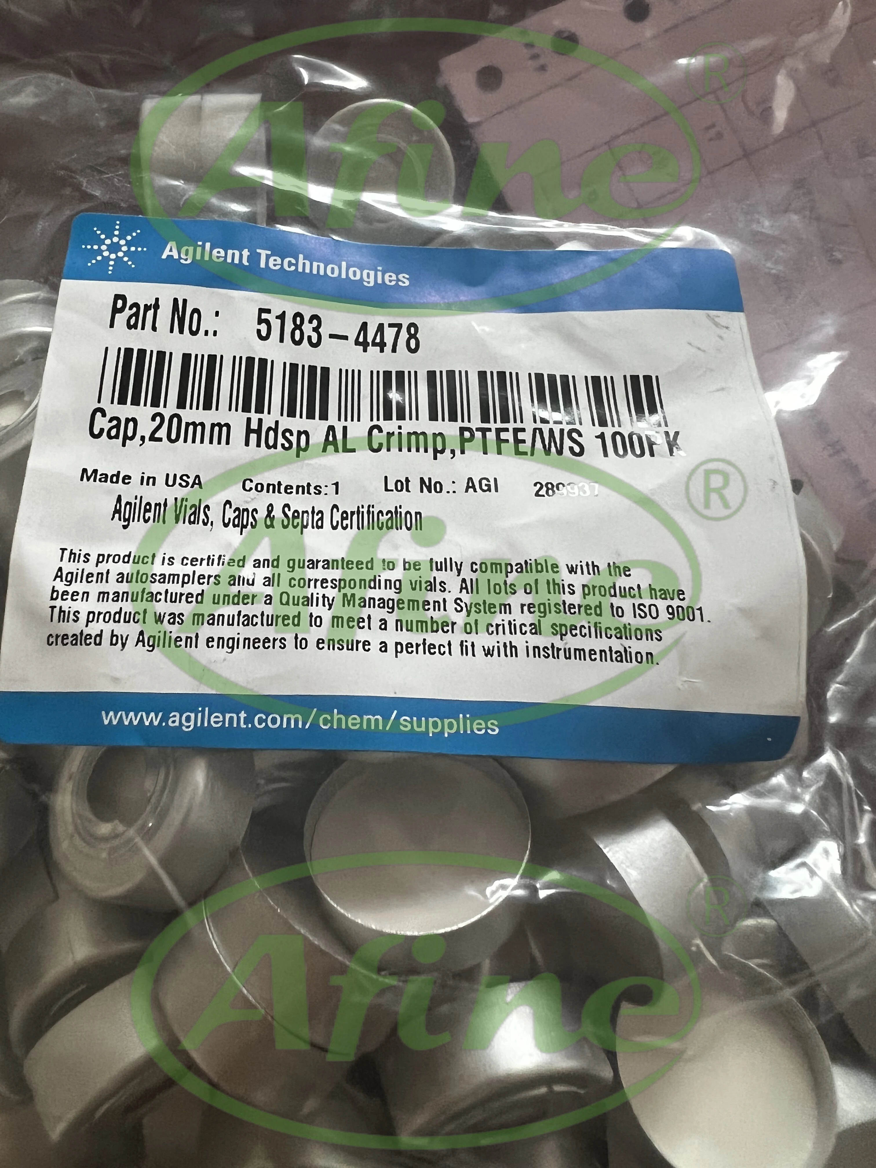 AFINE Agilent Headspace Vials Caps 5183-4478 Crimp Headspace 20 mm Silver Safety Feature PTFE/Silicone Septa 100/PK