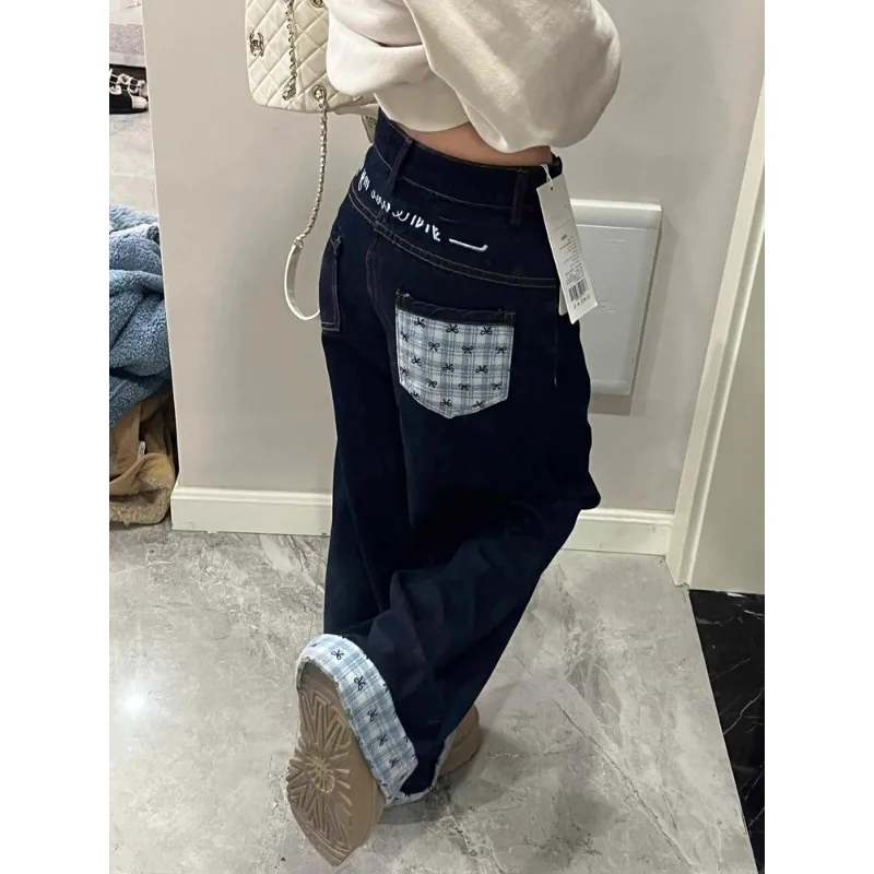 

High Waist Turn-Up Wide Leg Straight Denim Pants Women Summer Japanese High Street Bow Knot Plaid Design Casual Patchwork Jeans