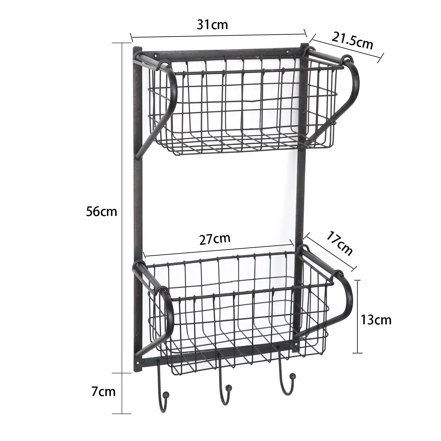 Wall Mount Storage Organizer with 2 Wire Baskets and Hooks, Antique Bronze Metal, 56cm Height, Rustic Industrial Style