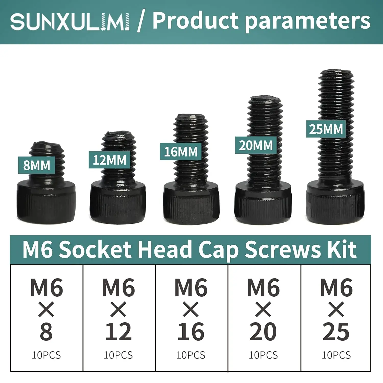 

50 шт. шестигранных внутренних шестигранных винтов и болтов M6 x 8/12/16/20/25 мм, легированная сталь класса 12,9, поверхность из оксида черного цвета, фу