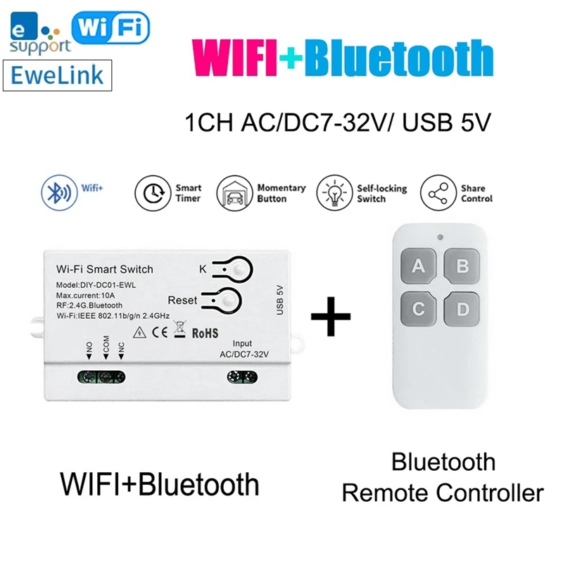 Wifi Smart Switch Ewelink DIY Timer+Remote 1CH 7-32V 2.4G Wifi White For Alexa Google Home IFTT