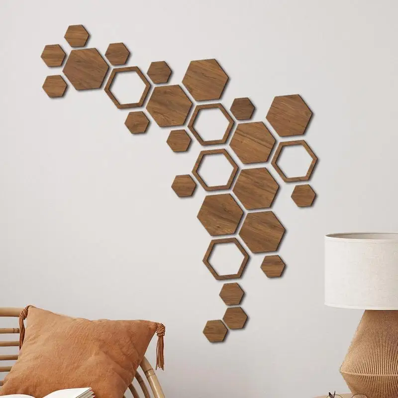 Hexagon Wall Decorations 27pcs Hexagon Non-Slip Wood Decorations Hexagon Wood Wall Art For Home Decor Peel And Stick