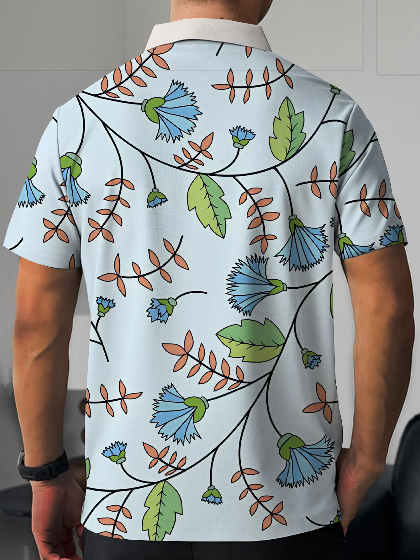New men's short-sleeve polo shirt T-shirt, loose-fitting and tailored with printed patterns, versatile basic crew-neck top suita