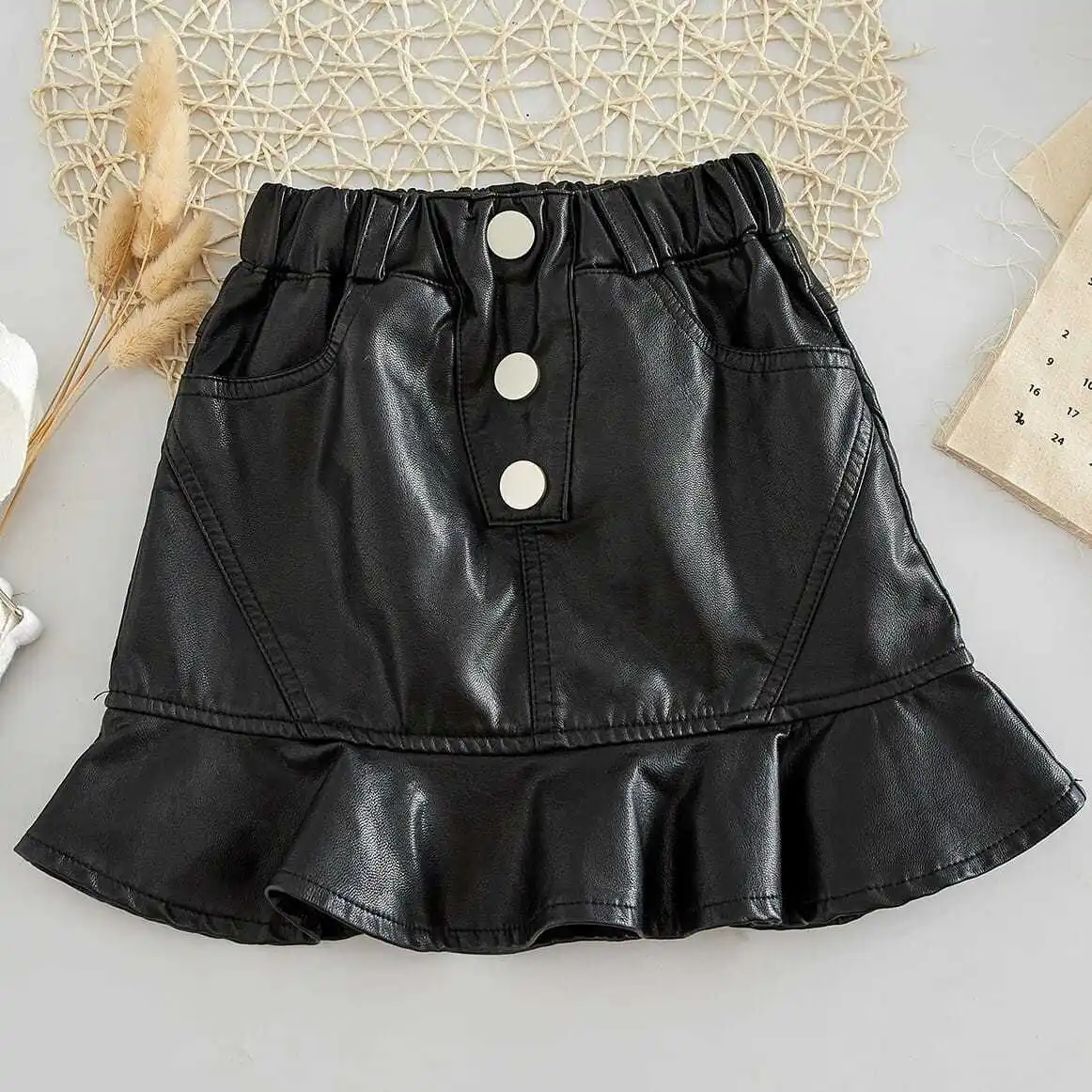 2024 New Spring Autumn Girls Kids faux Leather PU Belt skirts skirts Fashion Casual Comfortable Cute Baby Children Clothing