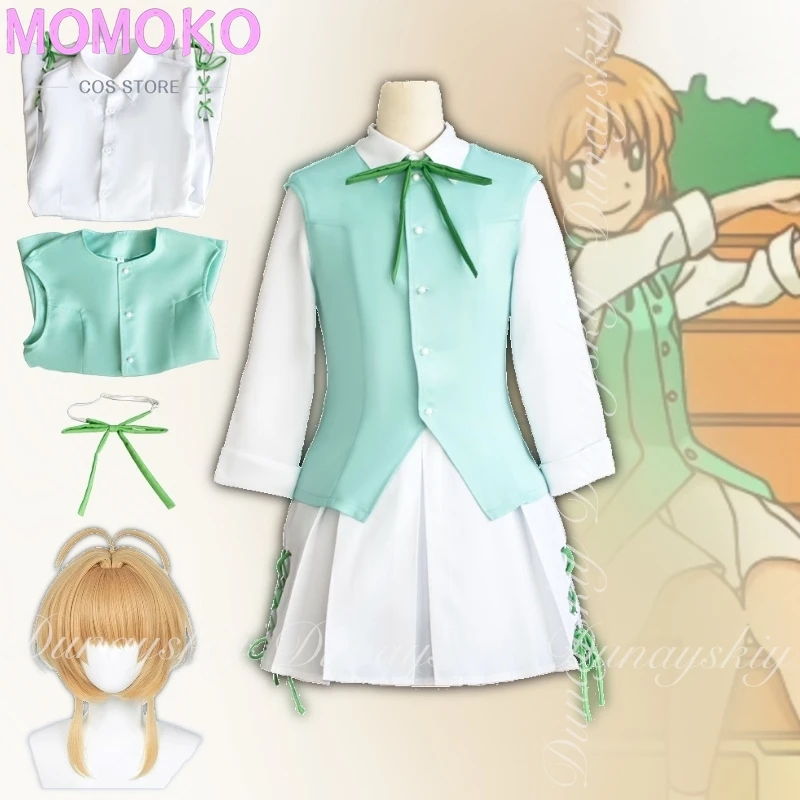 

Cardcaptor Sakura Kinomoto Sakura Косплей Золотой короткий парик Голубой жилет Белое платье Косплей Костюм Полный комплект