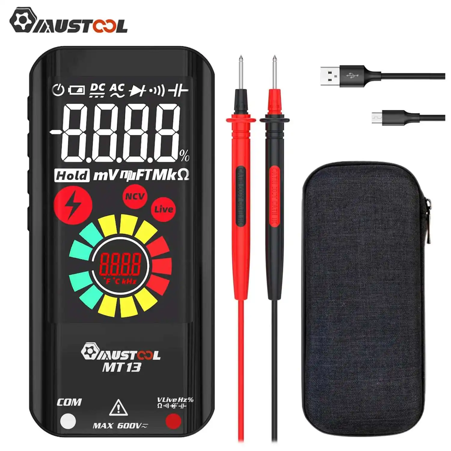 Mini Multímetro Inteligente Digital True Rms Built-in Bateria de Lítio Recarregável Tester de Tensão 3.2 Tela Colorida Mustool-mt13